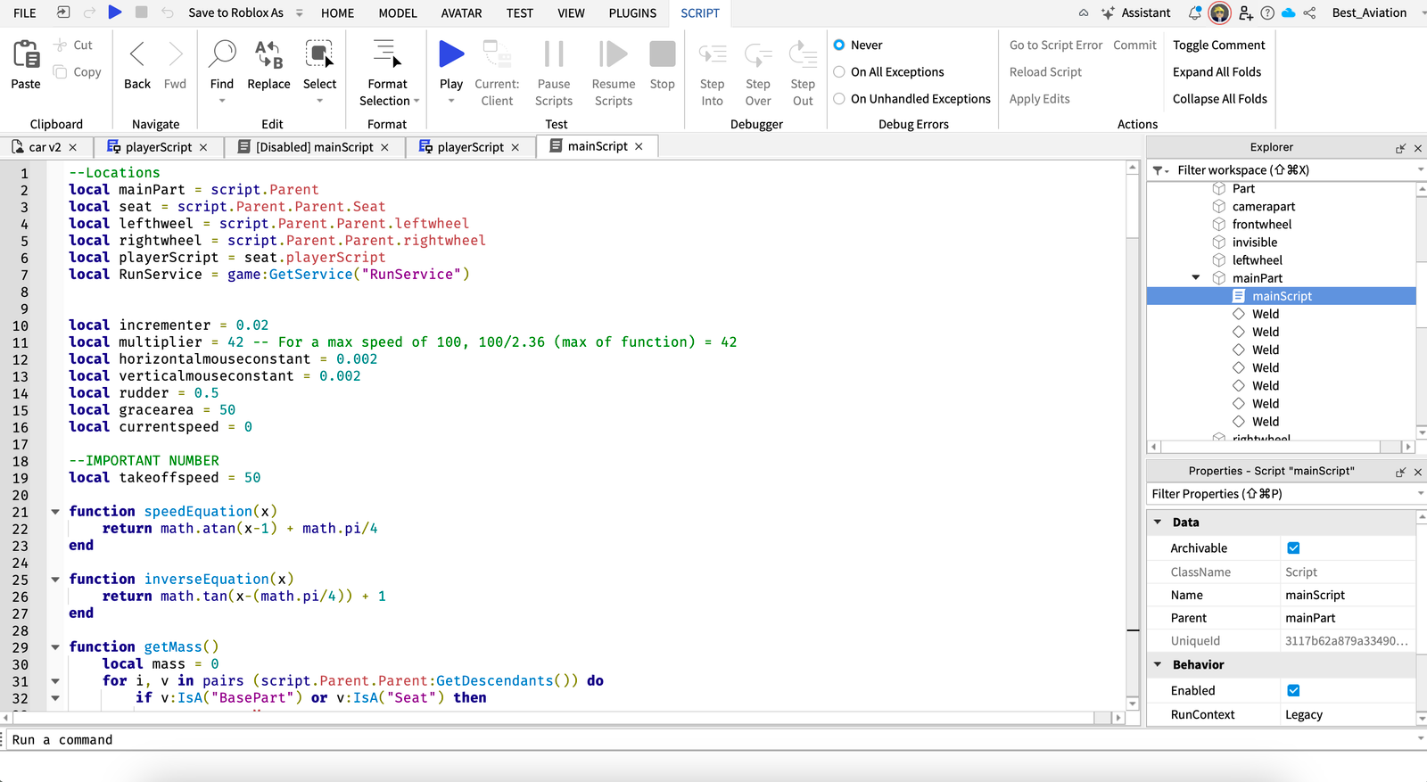 Visualization of the coding window in Roblox Studio